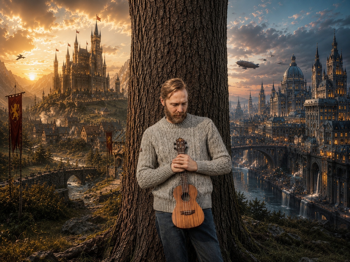 Robert Rosina standing between an imagined medieval world and a modern mythic city