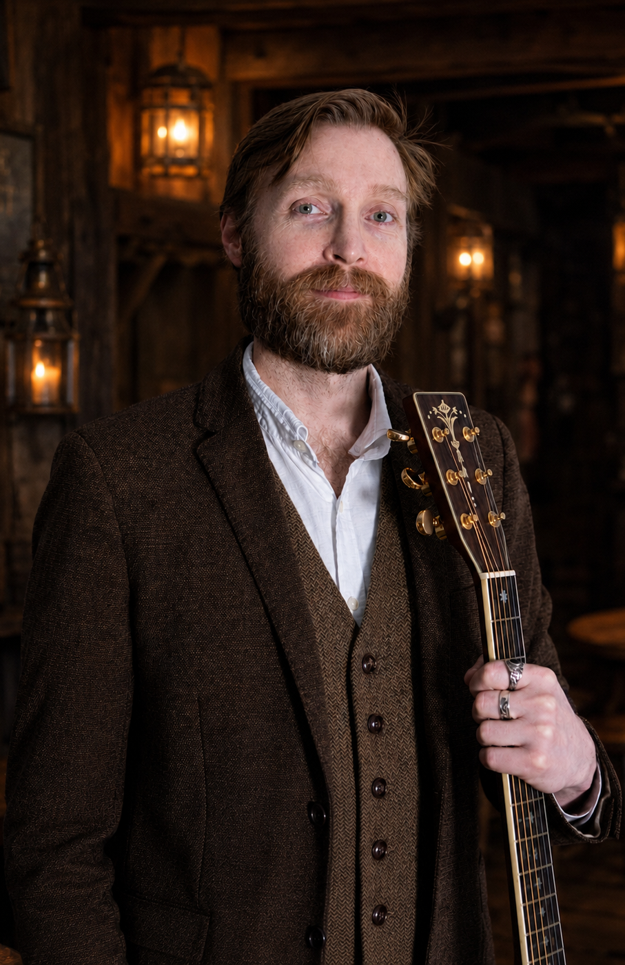 Robert Rosina in brown tweed holding an acoustic guitar in a warm tavern setting